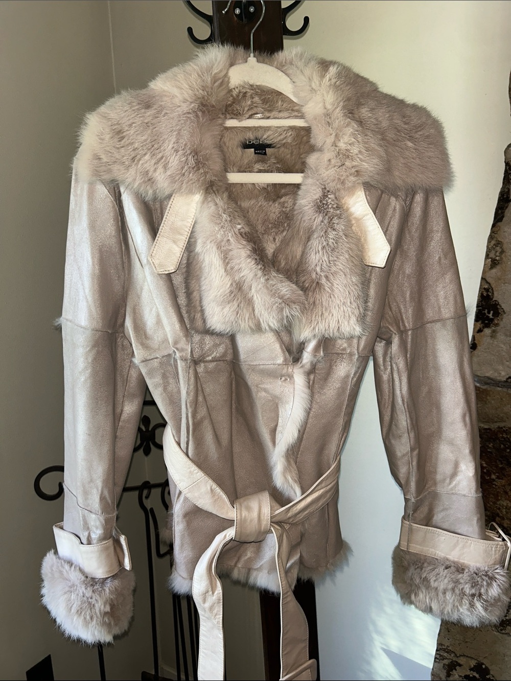 bebe Metallic Fur Trim leather Coat
